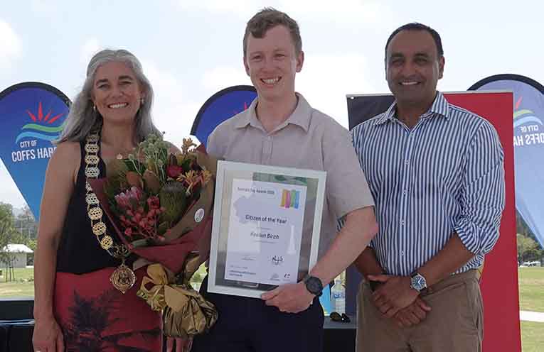 Mayor Nikki Williams, Coffs’ Citizen of the Year Keelan Birch and Gurmesh Singh MP.