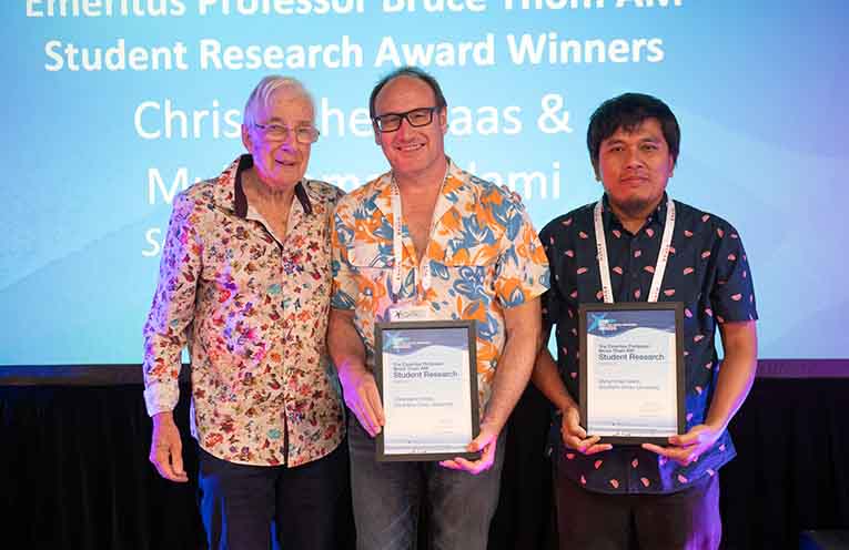 Emeritus Professor Bruce Thom AM with PhD candidates Chris Klaas and Muhammad Islami. Photo: East Coast Conferences.