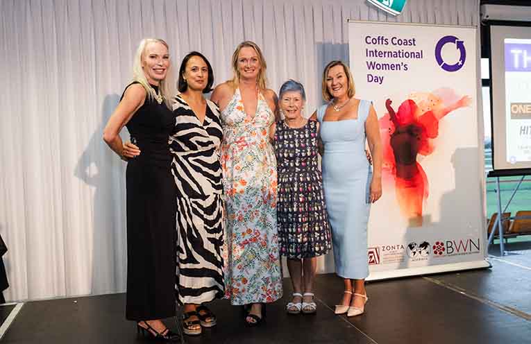 IWD Coffs Coast Woman of the Year 2026 finalists - Kymberlei Goodacre, Nicola Mackie, Penny Westman, Berry Jones, Angela Martin.