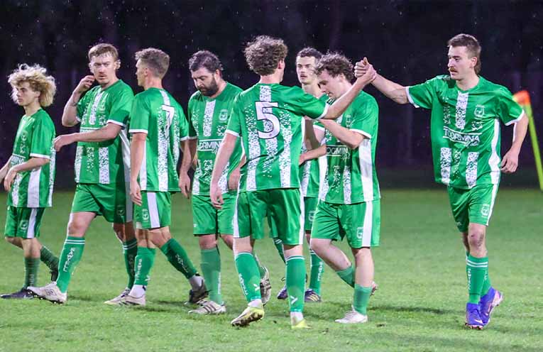 Brad Clancy puts Sawtell FC into a 2-1 lead. Photo: Sports Photography on the Mid North Coast.