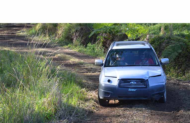 Another family sharing a vehicle as frequent junior competitor Zachary Upcroft continues a family tradition and tips the Subaru in nicely with his father Damien riding along not so quietly. Photos: Coffs Harbour & District Sporting Car Club.