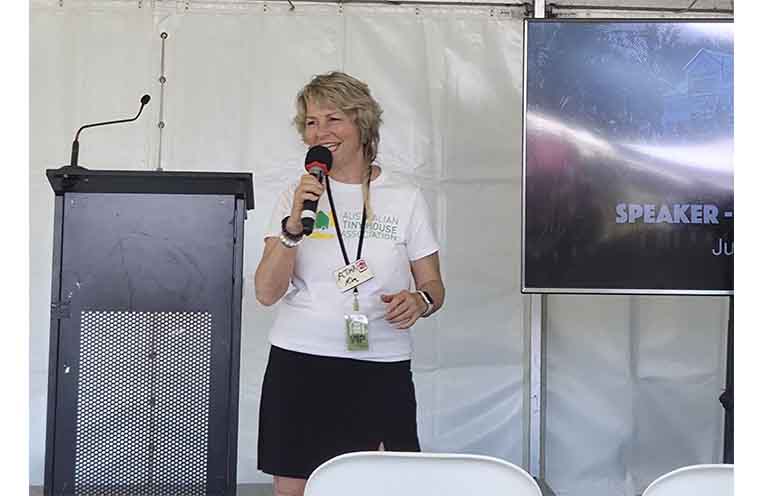 The inimitable Kim Connelly, urging the audience to “Just do it”. Photo: Jessica Miller.
