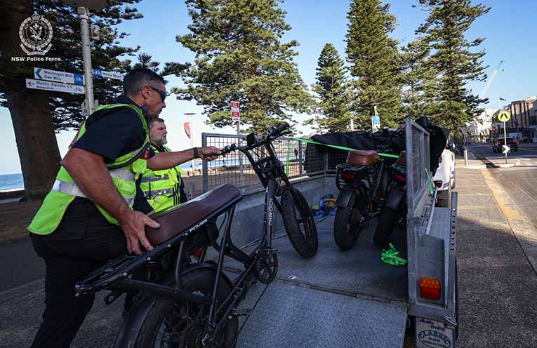 The first operation targeting illegal e-bikes, in Sydney’s Northern Beaches area, saw 36 e-bikes seized. Photo: NSW Police Force.