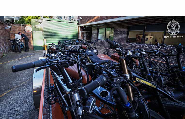 The first operation targeting illegal e-bikes, in Sydney’s Northern Beaches area, saw 36 e-bikes seized. Photo: NSW Police Force.